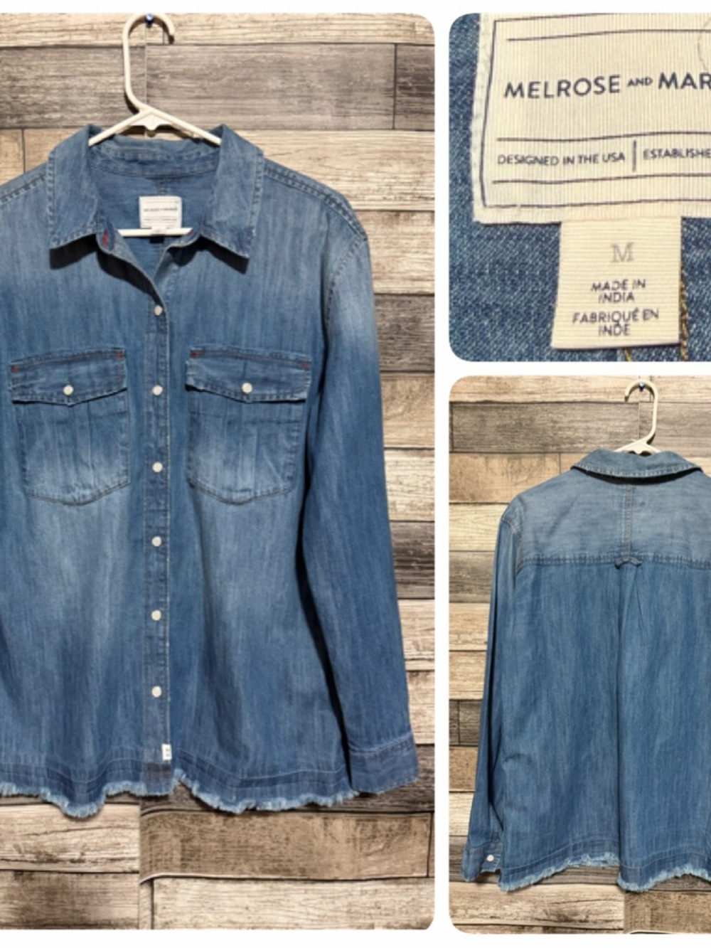 Melrose And Market Denim Snap Button Up Shirt Women’s M Blue Fray Hem Western